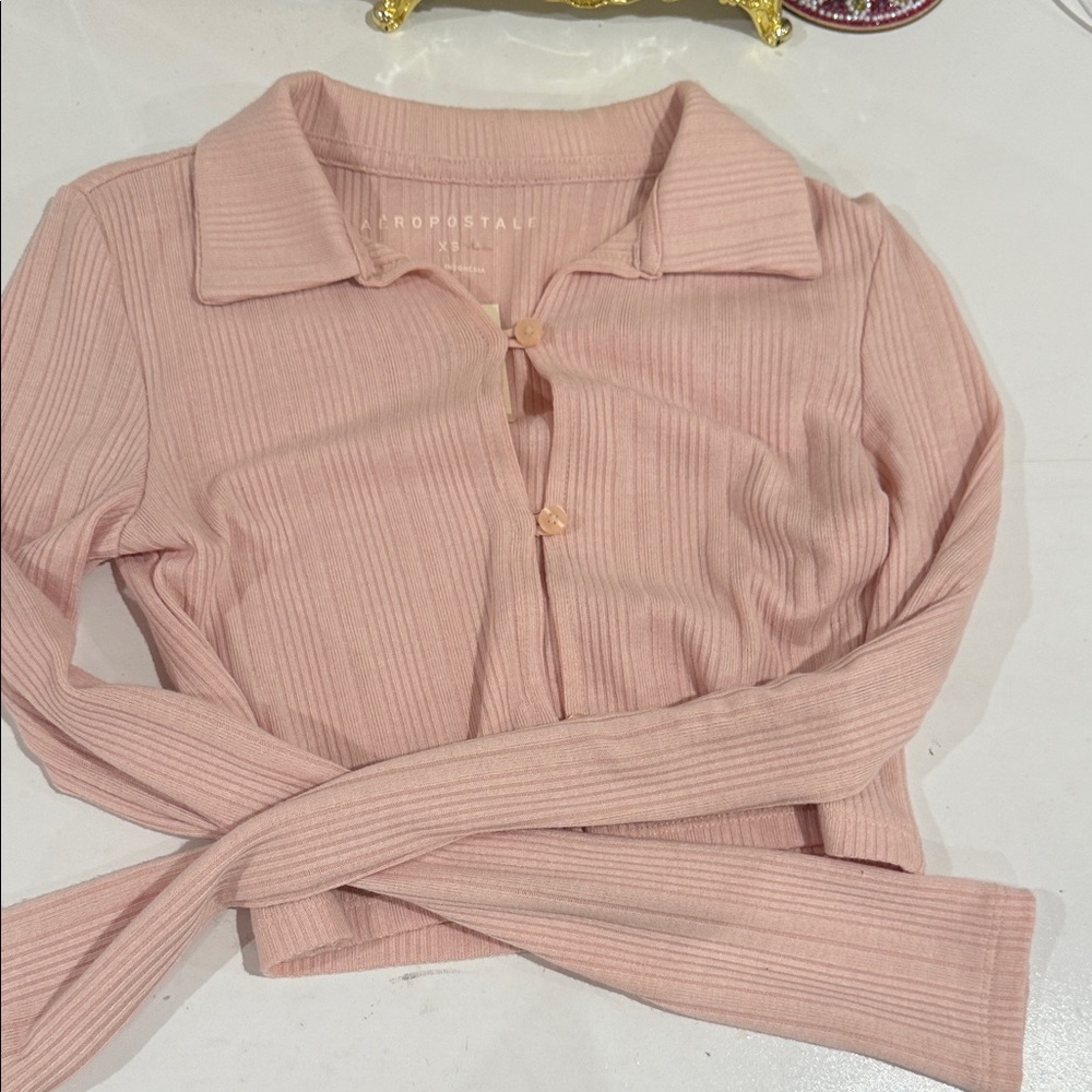 Aeropostale Light Pink Ribbed Collared Button Top